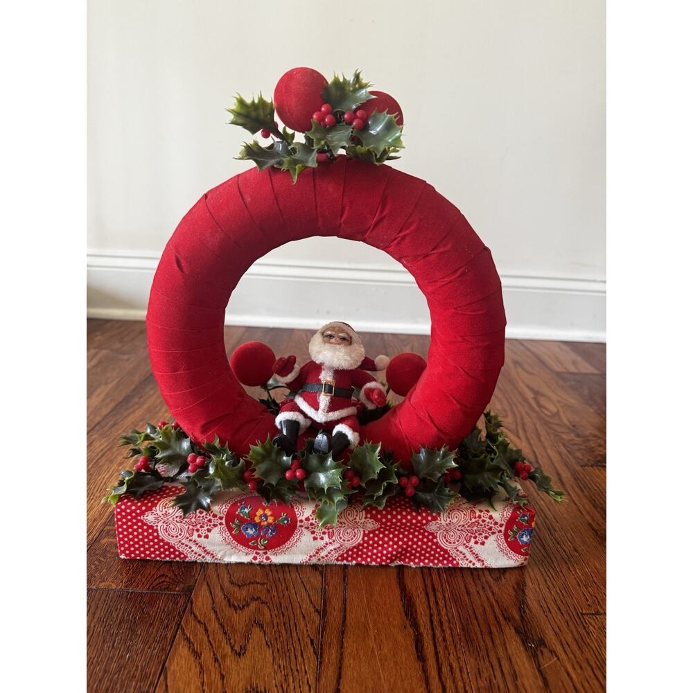 Vintage Christmas Centerpiece Santa Kitschy Red Velvet Holly Handmade Wreath MCM